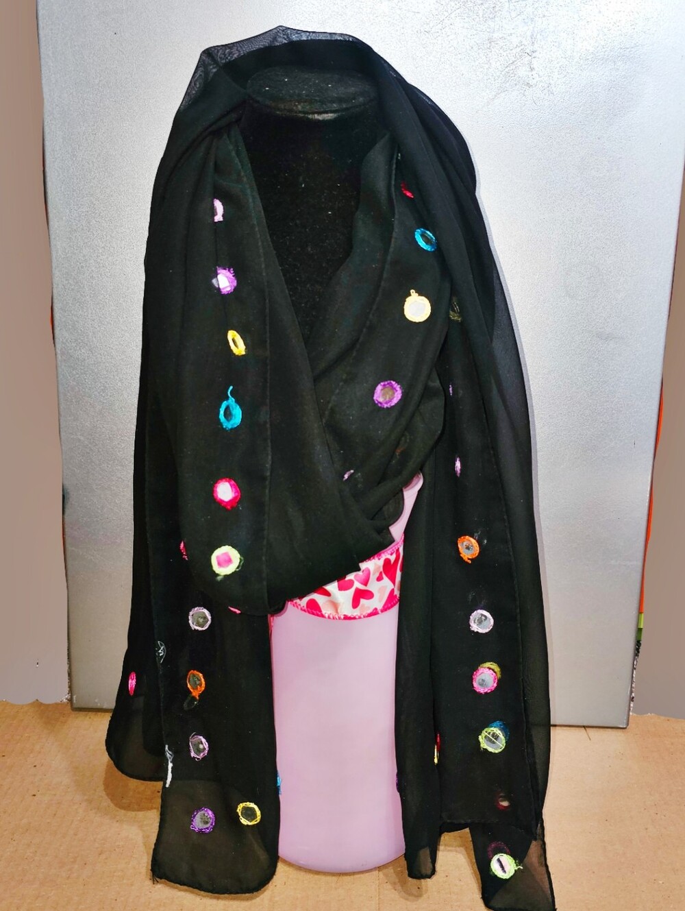 Black Chiffon Scarf With Colorful Mirrors